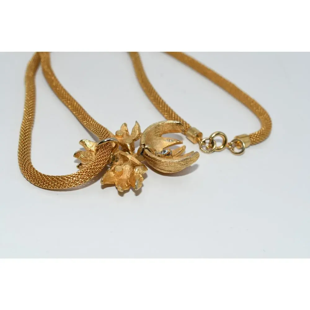Vintage Gold Tone Floral Mesh Pendant Necklace Faux Pearl Rhinestones
